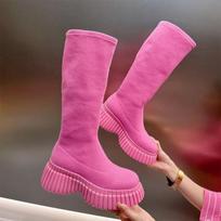 Fashion Women Knee High Chelsea Boots Wedges Platform Shoes 2024 Winter Designer New Fashion Walking Shoes Trend Dress Chaussures Femme 35 rožinė