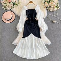 Prancūziška rudeninė juoda balta Hit spalvos undinė suknelė Elegantiška moteriška kvadratine apykakle pūstomis rankovėmis elastinga Bodycon sulankstoma midi suknelė S juoda