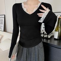 Lace V-neck Long Sleeve T-shirt for Women In Spring and Autumn New Slim Base Shirt Hot Girl Slim Top S juoda