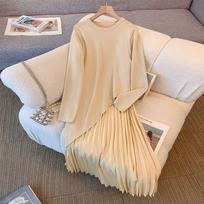 Irregular Patchwork Two-Piece Wool Dress for Curvy Women, Spring/Autumn, Plus Size, Knit Pleated Design 3XL (70-75 kg) smėlis