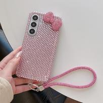 Fashion Glitter Diamond Bowknot Hard PC Phone Case for Samsung Galaxy S26 S25 S24 Plus S23 Ultra Wrist Strap Bracelet Cute Cover Opp Bag&For Samsung S24 ultra rožinė