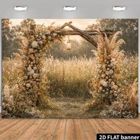 Laukinių gėlių vestuvių fonas, Sausų žolių ir neutralių žiedų nuotraukų vėliava renginiams 70.9x43.3inch/180*110cm brown