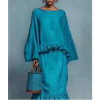 New Women's 2-piece Outfit, Long Sleeve Top + Irregular Solid Midi Skirt, Casual Fashion Solid Color Matching Set for Women S dangaus mėlyna spalva