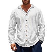 Mens Casual Loose Hooded Long Sleeve Linen Beach Shirt S balta