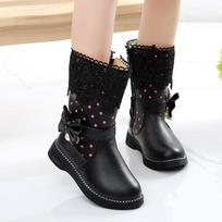 JGSHOWKITO Girls Boots Warm Cotton Kids Fashion Boots Children Winter Shoes For Girls Snow Boots PU Leather Lace Bow-knot Sweet 27 juoda