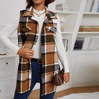 Women's Fashion Casual Sleeveless Long Plaid Button With Pocket Vest Jacket XXXL chaki