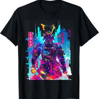 Cyberpunk Neon Samurai Japanese Art T-Shirt S juoda