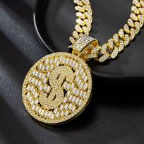 New 2025 US Dollars Round Zircon Pendant Unisex Hip Hop Cuban Necklace Gold Plated Zinc Alloy Link Chain for Gifts 20 in(50.80cm)
