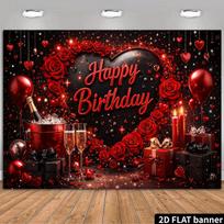 2D Red Black Happy Birthday Backdrop with Roses & Champagne 47.2x31.5inch/120*80cm
