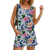 Women Summer Casual Floral Print Tank Top Sleeveless Square Neck Sportswear with Pockets Drawstring Shorts Two Piece Set XXXL žalsvai mėlyna