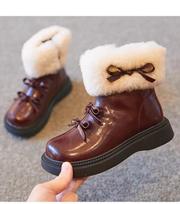 Winter Kids' Cotton Boots: Girls' Lamb Wool Bow Princess Style 35 (Inner Length 21.8 cm)