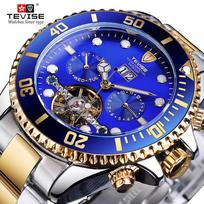 Top Brand Luxury Tourbillion Green Dial Golden Stainless Steel Mens Business Sport Design Men Automatic Sport Wrist Watch mėlyna/auksas