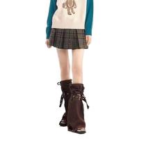 Leg Warmers for Women Gal Y2K Flare Boot Korean Leg Dark Harajuku Street Loose Foot Brown [FakeFace] - Fashion, Fashion, Pants, Denim, Lace-up, ruda