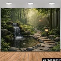 2D japoniško bambuko sodo fonas, Zen krioklio vėliava 47.2x31.5inch/120*80cm gray