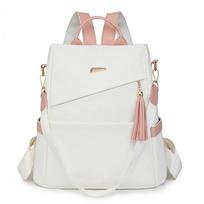 Women Backpack Fashion Girls School Bag Colorblock Design HighQuality Waterproof Soft Leather Casual Simple Female Travel Bag rožinė