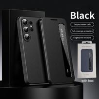 APP prabangus odinis telefono dėklas, skirtas Samsung Galaxy S26 S25 S24 S23 S22 Ultra Plus S25FE Edge Flip Smart šoninio langelio ekrano dangtelis Galaxy S25 FE juoda