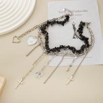 Black Gravel Tassel Clavicle Chain Necklace for Women - Retro Style Cross Pendant