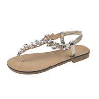 Women's Thong Flat Rhinestone Sandals With Ankle Strap Summer Casual Dressy Sandals for Women Anti-Slip Low Heel Bohemian Beach Flip Flops Sandals 35 auksas