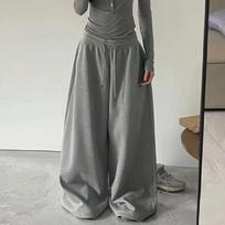 Autumn Women Loose Wide Leg Sweatpants Streetwear Casual Zipper Fly Female Trousers S pilka