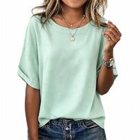 Women Casual Loose Fit Round Neck Short Sleeve Top Lightweight Breathable Cotton Linen Blended Fabric Summer Shirt L