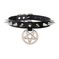 Harajuku Soft Girl Spiked Leather Choker with Pentagram Pendant juoda