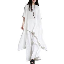 2Pcs/Set Cotton Linen Tops Pants Set O-neck Half Sleeve Irregular Hem 3XL balta