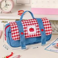 Adorable Bitten Apple Design Pencil Case Sweet American Denim Stationery Organizer with Handle Spacious Pencil Bag for School raudona