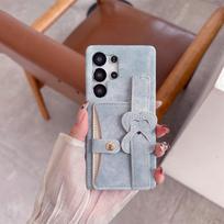 Chic Vintage Heart Bow Wrist Strap Jeans Texture Phone Case for SamSung Galaxy S26 Ultra S25 S24 S23 Card Holder Protect Cover Opp Bag&For Galaxy S22 Ultra šviesiai mėlyna spalva