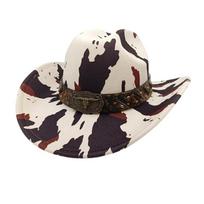 Antique Cowboy Hats with Cow Pattern and Bull Head Belt for Adult Unisex Wear Camping Concerts Costume Parties Props