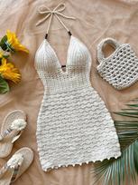 Moteriška balta nėrimo suvarstoma maxi suknelė su karoliukų detalėmis ir priekyje surišama, boho stiliaus suknelė paplūdimiui S balta