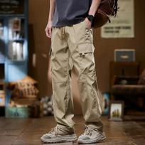 Summer Thin Men's Cargo Pants Baggy Straight Multi-pocket Design Drawstring Elastic Waist Outdoor Jogging Hiking Trousers Male M chaki