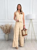 2025 Summer French Embroidered V-Neck Vest & Wide-Leg Pant Set XXXL geltona