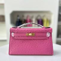 Mini krepšys Pirmos kartos stručio rašto karvės odos peties įstrižai per kūną odinis vakarienės Length 22x thickness 7x height 14cm rožinė raudona spalva