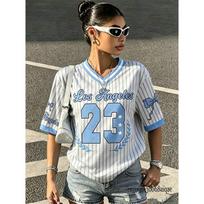 Vasarinis Naujas Los Andželas 23 Spausdinta Dryžuota Marškinėliams Moterims V formos iškirptė Trumpomis Rankovėmis T-shirt Sportinis Futbolo Džersis Y2K Laisvas Dydžio Dydžio Viršus S gray