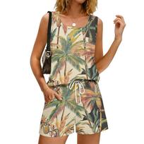 Women Summer Casual Floral Print Tank Top Square Neck Sleeveless Sportswear with Pockets Shorts Set Lightweight Breathable XXL