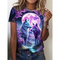 Two wolves Print Crew Neck T-Shirt, Casual Short Sleeve Top For Spring & Summer, Women's Clothing S
