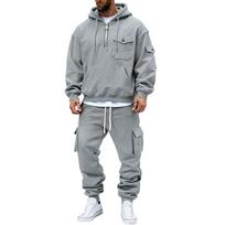 Men's Royal Blue Half-Zip Hoodie Cargo Sweatpants 2-Piece Tracksuit Set L pilka spalva