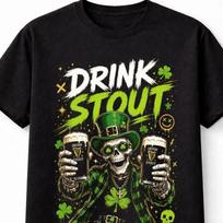 Drink Stout Irish Skull Alcohol Skeleton Green Graphic Unisex TShirt S