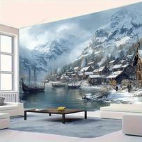Žiemos stebuklų kaimelio scena Namų dekoras Sienų tapetai - Paverskite savo erdvę magiškais peizažiniais tapetais 29x37in