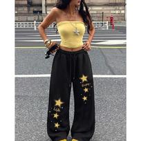 Colorful Glitter Star Print Street Sports Pants with Drawstring and Elastic Waist Trend Women's Straight Leg Pants S