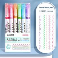 6pack Highlighter Pen Line Shaped Color Roller Tip Curve Liner Art Contour Marker Highlighter Journal School Stationery Supplies