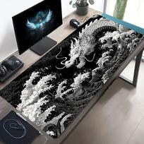 pc Large Gaming Mouse Pad Black and White Dragon Wave Ukiyoe Style Design NonSlip Washable Rubber Base PC Desk Mat for Office 300x800x2mm