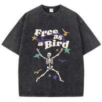 Women Washed T-Shirts Free As Bird Skeleton Man Printed Tee Shirts Comfortable Cotton Oversize Tees Clothes S įvairiaspalvis