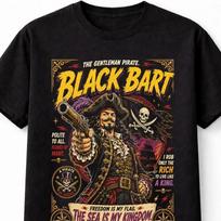 Black Bart Pirate Captain Skull Flag Treasure Graphic Unisex TShirt S