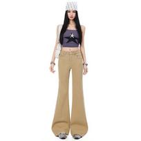Spring Summer Khaki Off White Stretch Micro Flare Denim Pants For Ladies Casual Pants Oversize Denim Trousers XS