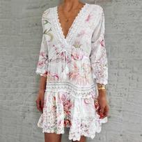 Elegant Solid Flare Sleeve Mini Dress Women Loose Tassel Drawstring Beach Dresses Summer Vintage Holiday Embroidery Ladies Dress S
