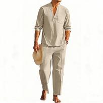 Mens Linen Hawaii Vacation Casual Outdoor Long Sleeve Shirt Straight Long Pants Set S chaki