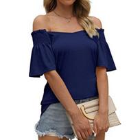 Vintage Casual Summer T-shirt Women V-neck Pleated Flare Short Sleeve Tee Tops 2023 Loose Simple Tshirts Ladies Clothes 26323 S tamsiai mėlyna