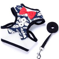 Fashion Dog Clothes Set Chest Strap Pet Clothing Traction Rope Dog Harness Bowknot Dog Cat Pet Fashion Dog Belt Adjustable S tamsiai mėlyna