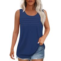 Tank Top For Women Summer Outfits Sleeveless Blouses Casual Loose Shirts Scooped Neck Pleated Front L tamsiai mėlyna spalva
